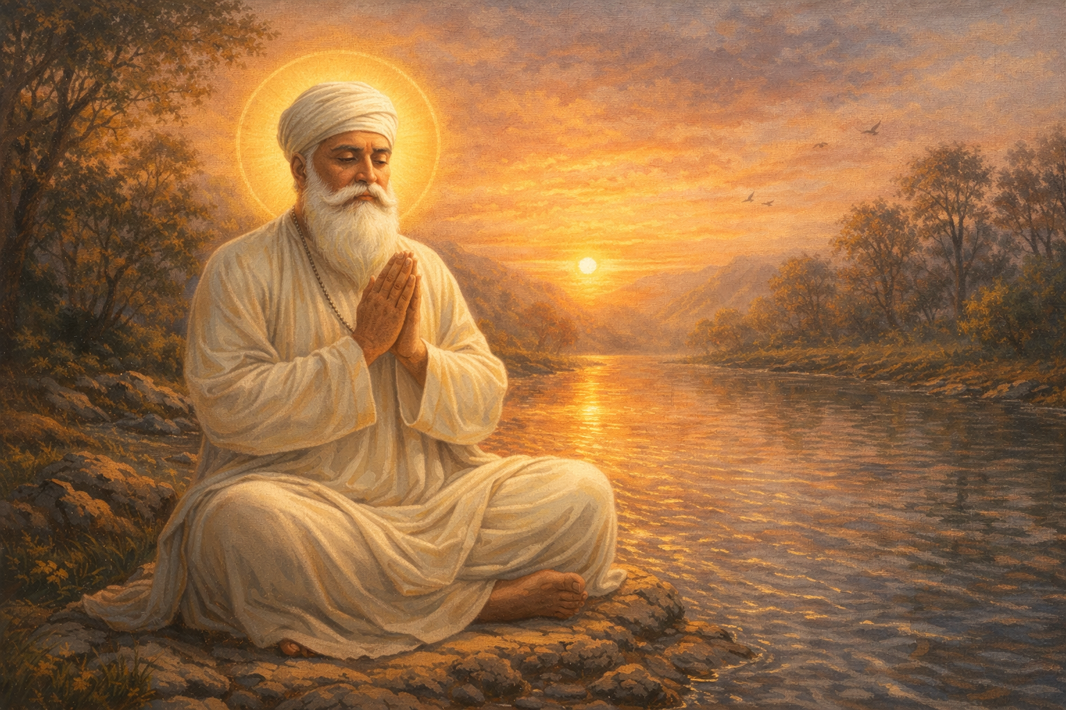 Guru Nanak Dev Ji Meditating by the River at Sunrise